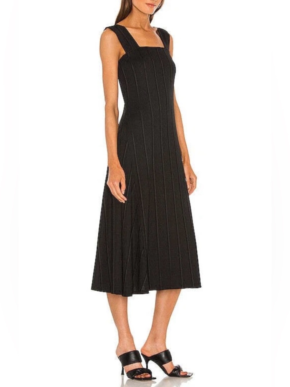 Theory Paneled Black Square-Neck Flare Midi Dress with Wide Straps Sz Large - Picture 3 of 11